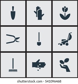 Set Of 9 Editable Agriculture Icons. Includes Symbols Such As Plant Protection, Working Gloves, Vacuum Cleaner And More. Can Be Used For Web, Mobile, UI And Infographic Design.