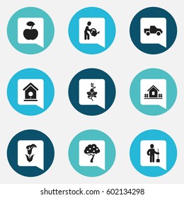 Set Of 9 Editable Agriculture Icons. Includes Symbols Such As Birdhouse, Blossom, Fruit Woods And More. Can Be Used For Web, Mobile, UI And Infographic Design.