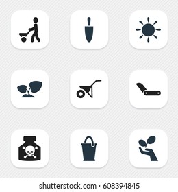 Set Of 9 Editable Agriculture Icons. Includes Symbols Such As Shovel, Handcart, Bucket. Can Be Used For Web, Mobile, UI And Infographic Design.