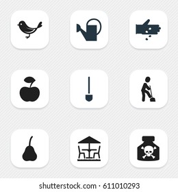 Set Of 9 Editable Agriculture Icons. Includes Symbols Such As Fresh Fruit, Sparrow, Bailer And More. Can Be Used For Web, Mobile, UI And Infographic Design.