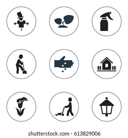 Set Of 9 Editable Agriculture Icons. Includes Symbols Such As Streetlight, Home With Fence, Lily And More. Can Be Used For Web, Mobile, UI And Infographic Design.