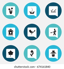 Set Of 9 Editable Agriculture Icons. Includes Symbols Such As Sparrow, Birdhouse, Lawn And More. Can Be Used For Web, Mobile, UI And Infographic Design.