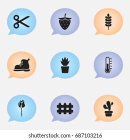 Set Of 9 Editable Agriculture Icons. Includes Symbols Such As Temperature, Cacti, Footwear And More. Can Be Used For Web, Mobile, UI And Infographic Design.