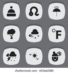 Set Of 9 Editable Air Icons. Includes Symbols Such As Winter Parasol, Timber, Frigid And More. Can Be Used For Web, Mobile, UI And Infographic Design.