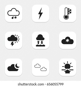 Set Of 9 Editable Air Icons. Includes Symbols Such As Sunup, Evaporation Condensation, Thunder And More. Can Be Used For Web, Mobile, UI And Infographic Design.