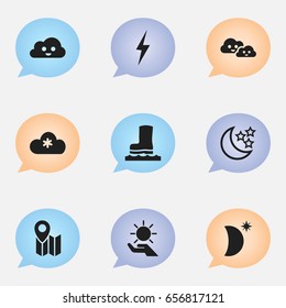 Set Of 9 Editable Air Icons. Includes Symbols Such As Solar In The Palm, Pin, Cloudy And More. Can Be Used For Web, Mobile, UI And Infographic Design.