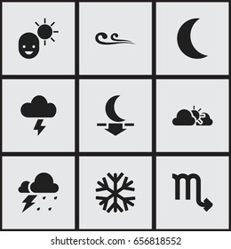 Set Of 9 Editable Air Icons. Includes Symbols Such As Storm, Frostbite, Lunar And More. Can Be Used For Web, Mobile, UI And Infographic Design.