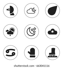 Set Of 9 Editable Air Icons. Includes Symbols Such As Crab, Satellite, Snowing And More. Can Be Used For Web, Mobile, UI And Infographic Design.