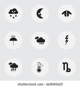 Set Of 9 Editable Air Icons. Includes Symbols Such As Coat, Winter Parasol, Snowing And More. Can Be Used For Web, Mobile, UI And Infographic Design.