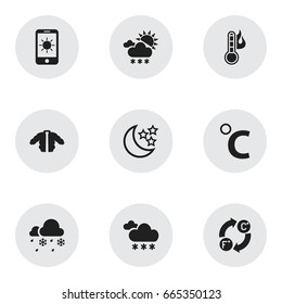 Set Of 9 Editable Air Icons. Includes Symbols Such As Coat, Frostiness, Snowcapped And More. Can Be Used For Web, Mobile, UI And Infographic Design.