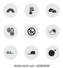 Set Of 9 Editable Air Icons. Includes Symbols Such As Hat, Overcast Weather, Cloudy And More. Can Be Used For Web, Mobile, UI And Infographic Design.