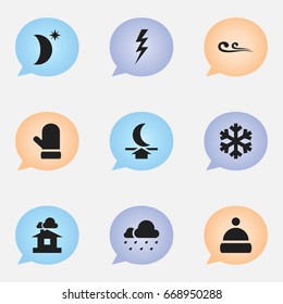 Set Of 9 Editable Air Icons. Includes Symbols Such As Glove, Particle, Night Sky And More. Can Be Used For Web, Mobile, UI And Infographic Design.