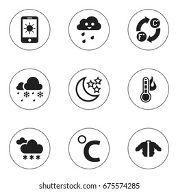 Set Of 9 Editable Air Icons. Includes Symbols Such As Frostiness, Coat, Moonshine And More. Can Be Used For Web, Mobile, UI And Infographic Design.