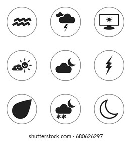Set Of 9 Editable Air Icons. Includes Symbols Such As High Voltage, Monitor, Drip And More. Can Be Used For Web, Mobile, UI And Infographic Design.