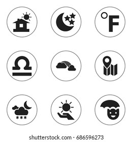 Set Of 9 Editable Air Icons. Includes Symbols Such As Solar In The Palm, Pin, Scales And More. Can Be Used For Web, Mobile, UI And Infographic Design.