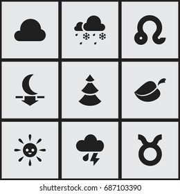 Set Of 9 Editable Air Icons. Includes Symbols Such As Thunderstorm, Evergreen, Frostiness And More. Can Be Used For Web, Mobile, UI And Infographic Design.