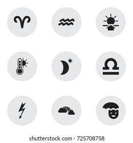 Set Of 9 Editable Air Icons. Includes Symbols Such As Happy Man, Sunup, Weather After Rain And More. Can Be Used For Web, Mobile, UI And Infographic Design.