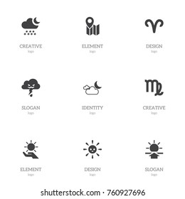 Set Of 9 Editable Air Icons. Includes Symbols Such As Virgin, Snowy Night, Laughing Solar And More. Can Be Used For Web, Mobile, UI And Infographic Design.