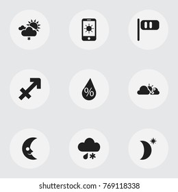 Set Of 9 Editable Air Icons. Includes Symbols Such As Breeze Cone, Night Sky, Sun In Display And More. Can Be Used For Web, Mobile, UI And Infographic Design.