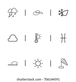 Set Of 9 Editable Air Outline Icons. Includes Symbols Such As Wind Measurement, Hat, Flash And More. Can Be Used For Web, Mobile, UI And Infographic Design.