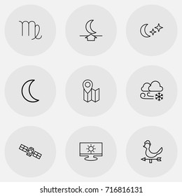 Set Of 9 Editable Air Outline Icons. Includes Symbols Such As Monitor, Breeze Direction, Moon Up And More. Can Be Used For Web, Mobile, UI And Infographic Design.