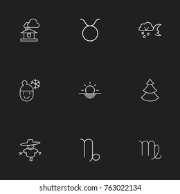 Set Of 9 Editable Air Outline Icons. Includes Symbols Such As Bull, Bugbear, Fishes And More. Can Be Used For Web, Mobile, UI And Infographic Design.