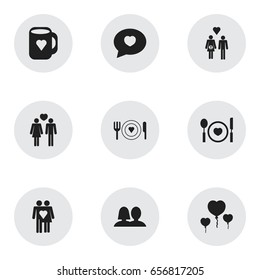 Set Of 9 Editable Amour Icons. Includes Symbols Such As Wedlock, Couple, Cutlery And More. Can Be Used For Web, Mobile, UI And Infographic Design.