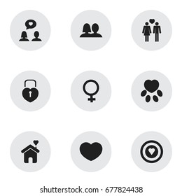 Set Of 9 Editable Amour Icons. Includes Symbols Such As Matrimony,  Woman Symbol And More. Can Be Used For Web, Mobile, UI And Infographic Design.