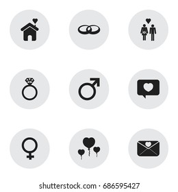 Set Of 9 Editable Amour Icons. Includes Symbols Such As Home, Love Message, Male Sign And More. Can Be Used For Web, Mobile, UI And Infographic Design.