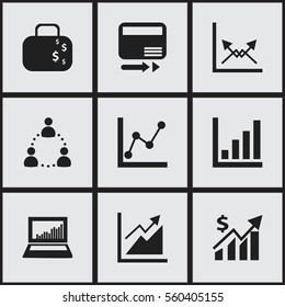 Set Of 9 Editable Analytics Icons. Includes Symbols Such As Graph Information, Equalizer Display, Transmission And More. Can Be Used For Web, Mobile, UI And Infographic Design.