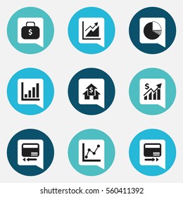 Set Of 9 Editable Analytics Icons. Includes Symbols Such As Money Bag, Circle Diagram, Pay Redeem And More. Can Be Used For Web, Mobile, UI And Infographic Design.