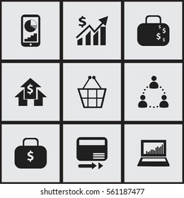 Set Of 9 Editable Analytics Icons. Includes Symbols Such As Cash Briefcase, Trading Purse, Equalizer Display And More. Can Be Used For Web, Mobile, UI And Infographic Design.