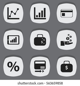 Set Of 9 Editable Analytics Icons. Includes Symbols Such As Bank Payment, Percent, Cash Briefcase And More. Can Be Used For Web, Mobile, UI And Infographic Design.