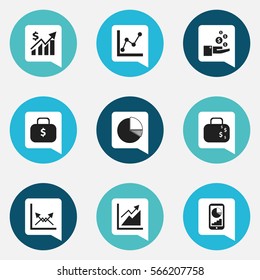 Set Of 9 Editable Analytics Icons. Includes Symbols Such As Phone Statistics, Money Bag, Progress And More. Can Be Used For Web, Mobile, UI And Infographic Design.