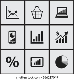 Set Of 9 Editable Analytics Icons. Includes Symbols Such As Circle Diagram, Schema, Bar Chart And More. Can Be Used For Web, Mobile, UI And Infographic Design.