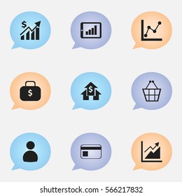 Set Of 9 Editable Analytics Icons. Includes Symbols Such As Banking House, Trading Purse, Bar Chart And More. Can Be Used For Web, Mobile, UI And Infographic Design.