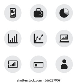 Set Of 9 Editable Analytics Icons. Includes Symbols Such As Equalizer Display, Cash Briefcase, Phone Statistics And More. Can Be Used For Web, Mobile, UI And Infographic Design.