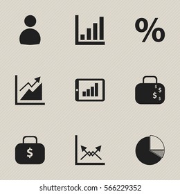 Set Of 9 Editable Analytics Icons. Includes Symbols Such As Schema, Cash Briefcase, Circle Diagram And More. Can Be Used For Web, Mobile, UI And Infographic Design.