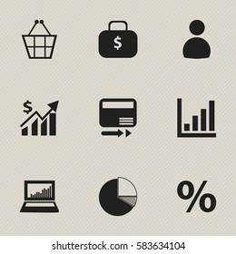 Set Of 9 Editable Analytics Icons. Includes Symbols Such As Revenue, Trading Purse, Percent And More. Can Be Used For Web, Mobile, UI And Infographic Design.