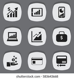 Set Of 9 Editable Analytics Icons. Includes Symbols Such As Money Bag, Phone Statistics, Bar Chart And More. Can Be Used For Web, Mobile, UI And Infographic Design.