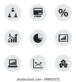 Set Of 9 Editable Analytics Icons. Includes Symbols Such As Circle Diagram, Revenue, Equalizer Display And More. Can Be Used For Web, Mobile, UI And Infographic Design.