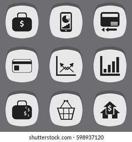 Set Of 9 Editable Analytics Icons. Includes Symbols Such As Bank Payment, Trading Purse, Statistic And More. Can Be Used For Web, Mobile, UI And Infographic Design.