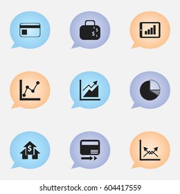 Set Of 9 Editable Analytics Icons. Includes Symbols Such As Schema, Cash Briefcase, Banking House And More. Can Be Used For Web, Mobile, UI And Infographic Design.