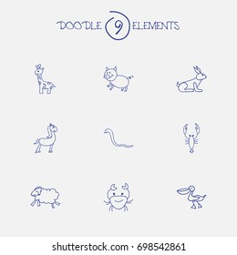 Set Of 9 Editable Animal Doodles. Includes Symbols Such As Ewe, Rabbit, Serpent And More. Can Be Used For Web, Mobile, UI And Infographic Design.