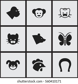 Set Of 9 Editable Animal Icons. Includes Symbols Such As Grizzly, Rooster, Moth And More. Can Be Used For Web, Mobile, UI And Infographic Design.