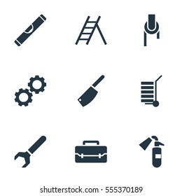 Set Of 9 Editable Apparatus Icons. Includes Symbols Such As Cleaver, Screw Wrench, Shipment And More. Can Be Used For Web, Mobile, UI And Infographic Design.