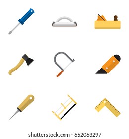 Set Of 9 Editable Apparatus Icons. Includes Symbols Such As Turn-Screw, Hacksaw, Jointer And More. Can Be Used For Web, Mobile, UI And Infographic Design.