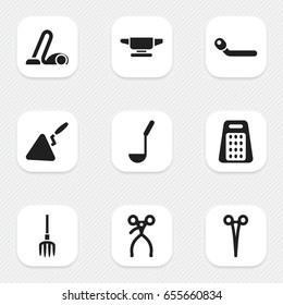 Set Of 9 Editable Apparatus Icons. Includes Symbols Such As Spatula, Hay Fork, Circle Spanner And More. Can Be Used For Web, Mobile, UI And Infographic Design.