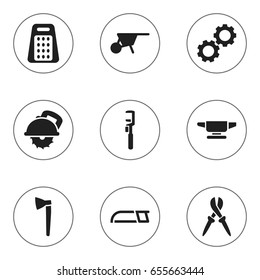 Set Of 9 Editable Apparatus Icons. Includes Symbols Such As Spanner, Pliers, Hacksaw And More. Can Be Used For Web, Mobile, UI And Infographic Design.