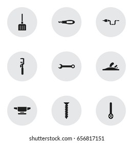 Set Of 9 Editable Apparatus Icons. Includes Symbols Such As Spanner, Dowel, Blacksmith And More. Can Be Used For Web, Mobile, UI And Infographic Design.